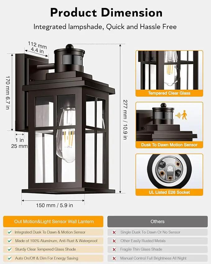 Motion Sensor Exterior Light Fixture, Bronze Dusk to Dawn Outdoor Wall Lights, Waterproof Exterior Lights for House, Porch, Doorway, Garage, 100% Aluminum by GreenHaven Gardens