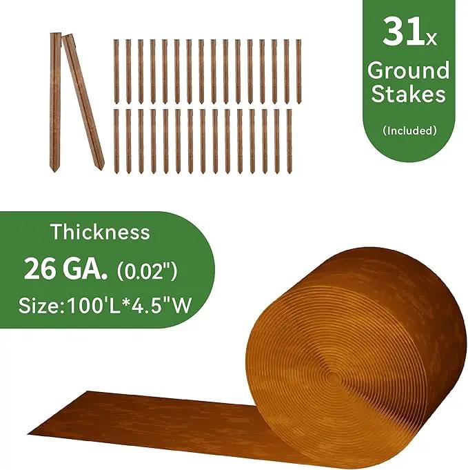 Worth Galvanized Steel Landscape Edging 4.5" x100' Metal Garden Edging Roll Flexible Bender Border with 31Pcs Stakes for Lawn, Flower Bed Edges, Rust-Like Color by GreenHaven Gardens