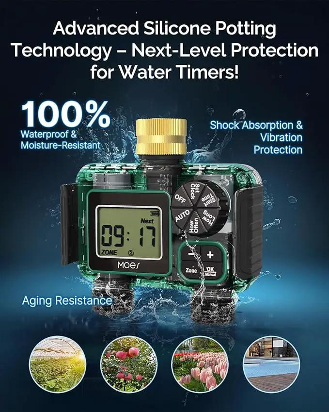 MOES 2 Outlet Sprinkler Timer, Brass Inlet, Programmable Automatic Irrigation Controller, Rain Delay, Manual Watering, 2 Zone Water Hose Timer for Gardens, Lawns, and Hose Systems by GreenHaven Gardens