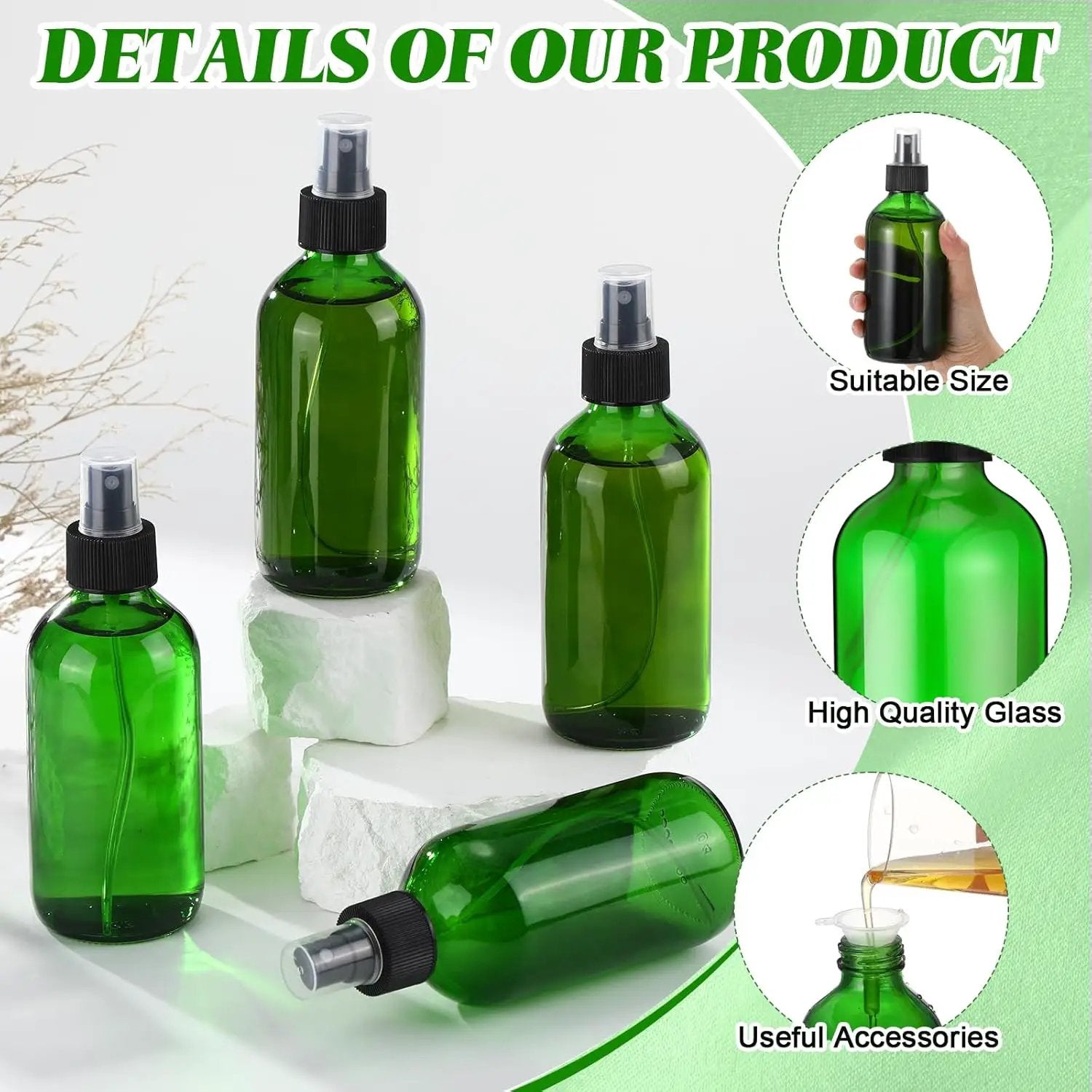 Norme 12 Pcs 8 oz Glass Spray Bottles with Funnels and Labels Refillable Cosmetic Empty Spray Bottles with Sprayer Containers for Essential Oil Cleaning Solutions (Green,Stylish) by GreenHaven Gardens