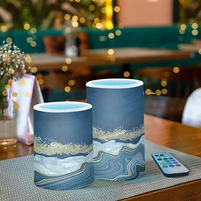 Flickering Flameless Candles, Navy Blue Marble Golden Veins LED Candles with Remote Timer, Set of 2 Battery Operated Candle for Valentine Wedding Birthday by GreenHaven Gardens