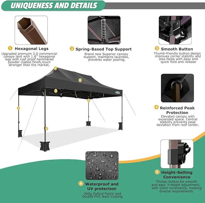 COBIZI 10x15 Pop Up Canopy Tent Heavy Duty Without Sidewall, Commercial Outdoor Easy Pop Up Gazebo for Party Wedding All Weather Waterproof UV 50+ with Roller Bag(Leg Upgraded),Black by GreenHaven Gardens