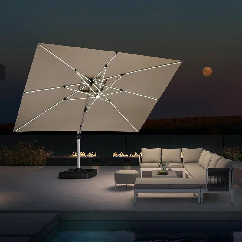 PURPLE LEAF 10' X 13' Double Top Deluxe Solar Powered LED Rectangle Patio Umbrella Offset Hanging Umbrella Outdoor Cantilever Umbrella, Beige by GreenHaven Gardens