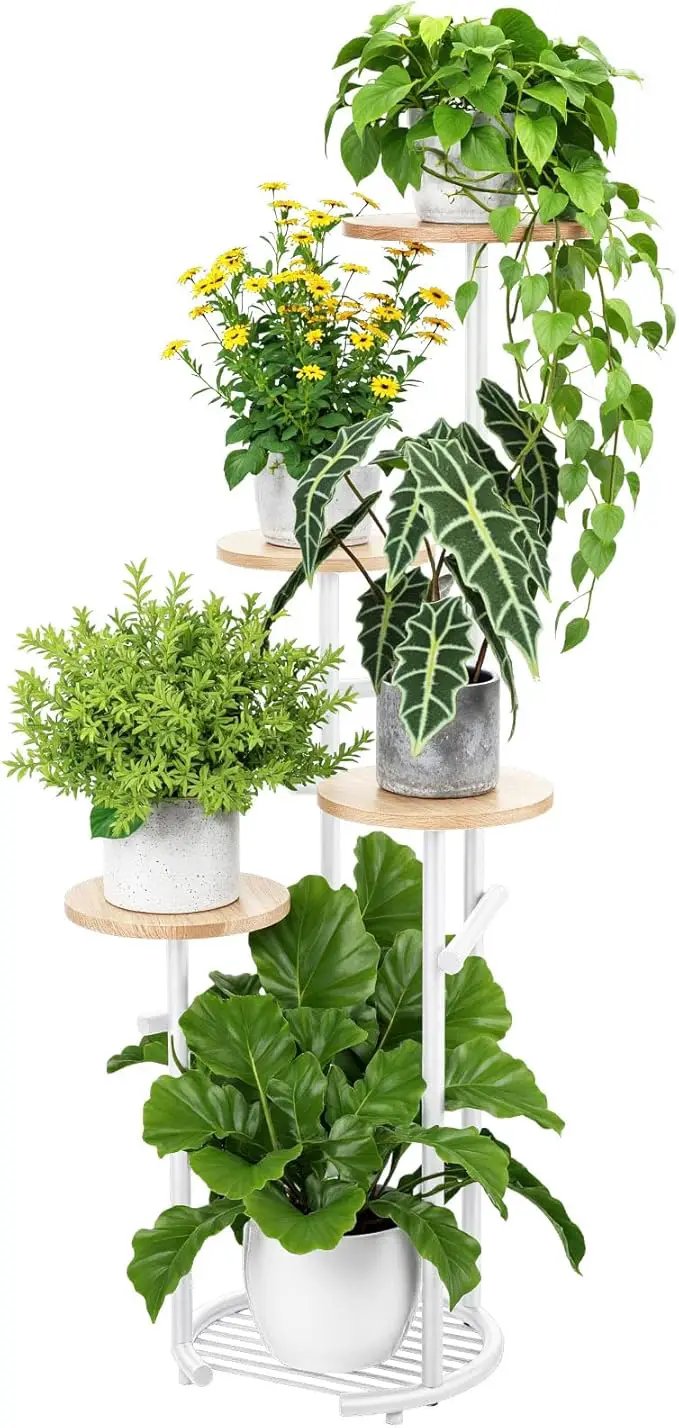 TOSKING 5 Tier Metal Plant Stand Indoor， Plant Shelf, Corner Shelf Flower Pot Stand for Outdoor Plant Stand for Living Room Balcony Garden Patio Bedroom (White and Wood, 42in) by GreenHaven Gardens