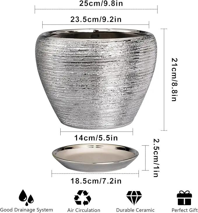 Flower Pot for Indoor Plants - Ceramic Planter 10 Inch Plant Pot with Drainage Hole and Saucer Large Decorative Planter Outdoor Mid-Century Planter for House Silver by GreenHaven Gardens