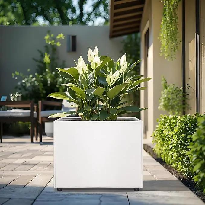 Planter Box Rectangular Block - 16×12×12IN Galvanized Steel Metal Long Box Planter Easy Installation Modern Outdoor Tall Planters All-Weather Use with Drainage Holes for Patio/Porch(White) by GreenHaven Gardens