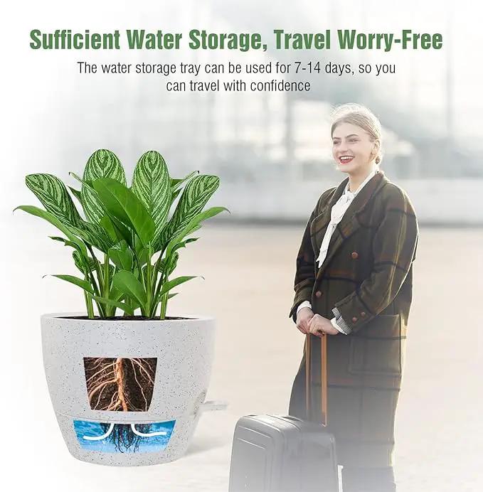WOUSIWER 10 inch Self Watering Planters, 2 Pack Large Plastic Plant Pots with Deep Reservior and High Drainage Holes for Indoor Outdoor Plants and Flowers, Speckled White by GreenHaven Gardens
