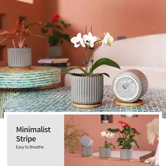 5.25 Inch Ceramic Plant Pots with Drainage Holes and Trays, Vertical Stripes Planter Pot with Saucers for Indoor Flowers, Succulent, Snake Plants, Cactus & Herbs, Grey-Green, Set of 4 by GreenHaven Gardens