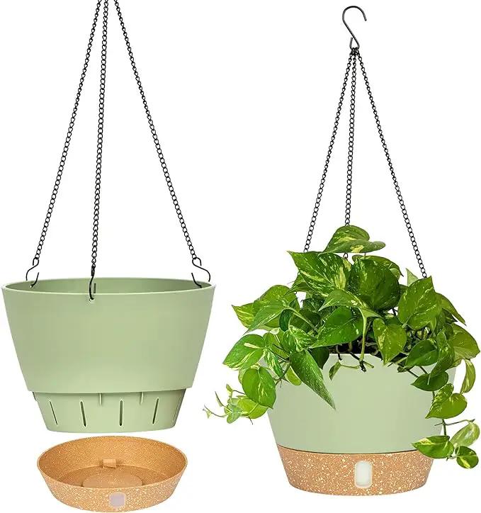 QCQHDU 2 Pack 10 inch Hanging Planters for Indoor Plants, Outdoor Hanging Baskets, Self Watering Pots with Drainage Holes & Removable Tray (Green, 10 inch) by GreenHaven Gardens