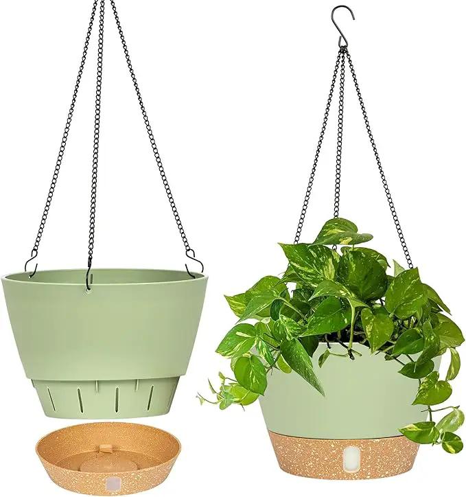 QCQHDU 2 Pack 10 inch Hanging Planters for Indoor Plants, Outdoor Hanging Baskets, Self Watering Pots with Drainage Holes & Removable Tray (Green, 10 inch) by GreenHaven Gardens