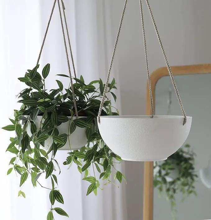 La Jolie Muse White Hanging Planter Basket - 8 Inch Indoor Outdoor Flower Pots, Plant Containers W/ Drainage Hole, Plant Pot for Hanging Plants, Pack 2 by GreenHaven Gardens