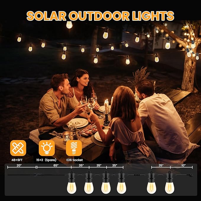 104FT(98+6) Solar String Lights Outdoor Waterproof, Solar Powered Patio Light with 30+2 Dimmable S14 Edison Bulbs Shatterproof & Remote Control, Solar String Lights for Outside Garden Backyard by GreenHaven Gardens