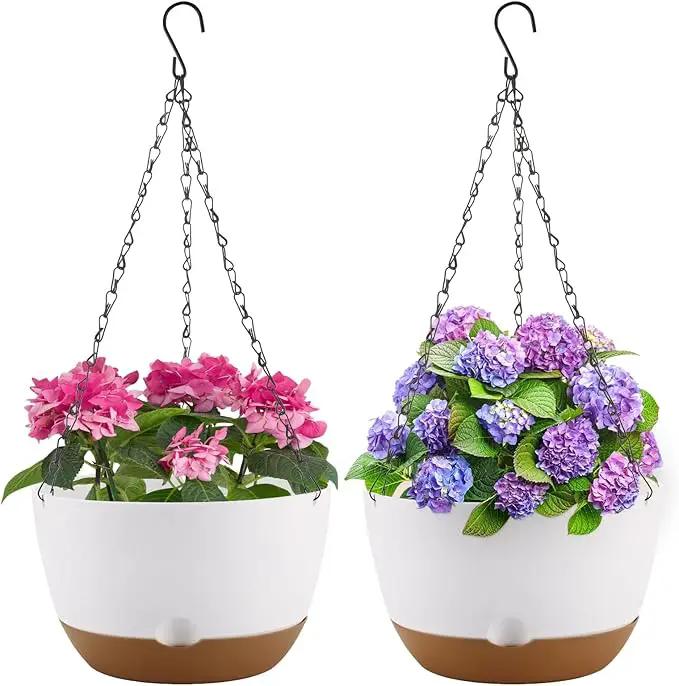 10 Inch Hanging Planter, 2 Pack Hanging Plastic Plant Self Watering Pot with Drainage Holes and Saucers, Hanging Baskets Flower Pots for Indoor Outdoor Garden Plants and Flowers-White by GreenHaven Gardens