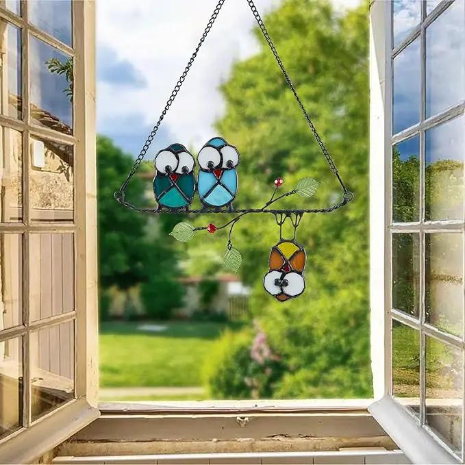 Stained Glass Birds,owl,Stained Glass Window Hanging,Multicolor Owls on The Living Tree with Green Leaf and red Berries,Bird suncatcher for Windows Room Home,Bird Deco,Gift for Mom,and Bird Lovers. by GreenHaven Gardens