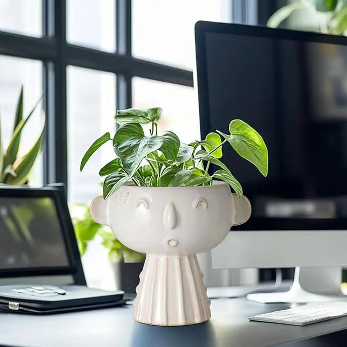 Face Planter Pot 7 Inch - Cute Ceramic Flower Head Planter for Indoor Outdoor Succulent Pot with Drainage Hole Flower Pot Present for Mother Christmas White by GreenHaven Gardens
