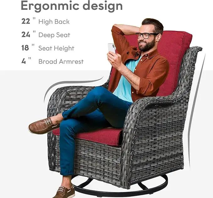 5 Pieces Patio Wicker Furniture Set - 4 Outdoor Swivel Rocker Glider Chairs with 50000BTU Propane Fire Pit Table, Warm Patio Conversation Set Red Cushion Perfect for Casual Gathering by GreenHaven Gardens
