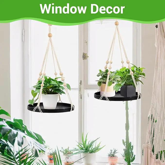 SUREAM Indoor Hanging Planter Shelf, Black Macrame Plant Hanger, Handmade Cotton Plant Hangers with Wood Tray, Planter Flower Pots Holder for Window Wall Ceiling Home Porch Patio Decor by GreenHaven Gardens