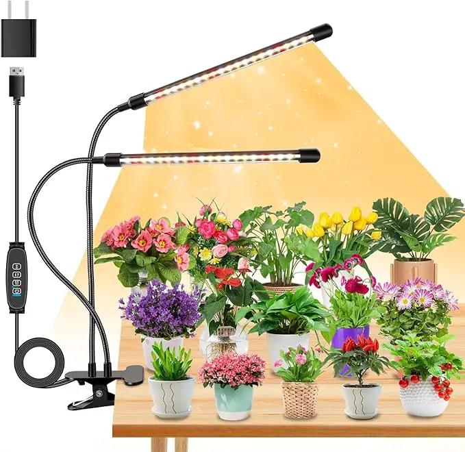 Full Spectrum Dual Heads Clip Grow Lights for Indoor Plants with 3/9/12H Timer Dimmer and 10 feet Cables for Plant Growing(Adapter Included) by GreenHaven Gardens