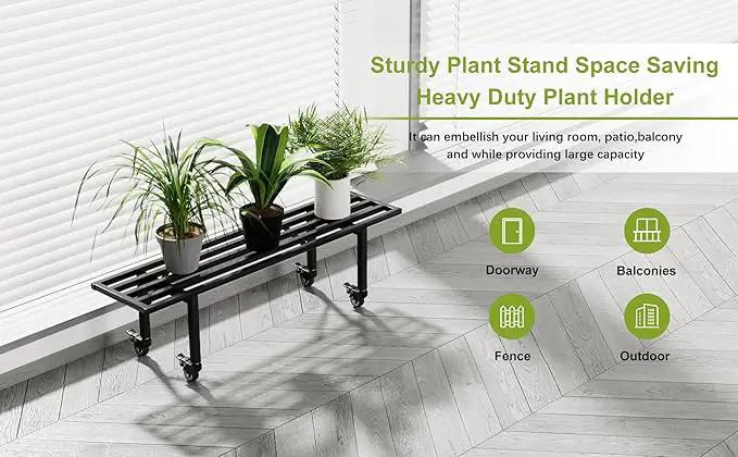 Zhongma One Tier Metal Plant Stand with Wheels,(35.43 L x 8.66 W x 10.3 H) Heavy Duty Plant Holder for Home, Window,Garden, Plant Lovers, Display Stand by GreenHaven Gardens