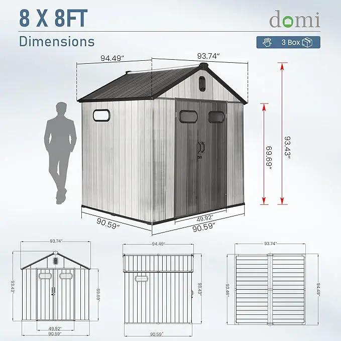 Domi 8x8 FT Outdoor Resin Storage Shed, All-Weather Double-Wall Storage Building for Backyard, Garden, Lawn Tools, Mower, Bike & Pool Equipment, Lockable Doors, Ventilated Roof, Grey by GreenHaven Gardens