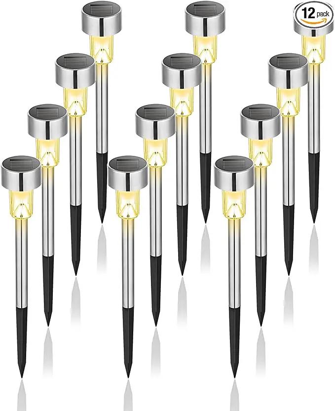 GIGALUMI Solar Lights Outdoor Waterproof, 12 Pack, Stainless Steel LED Solar Garden Lights for Patio, Lawn, Yard and Landscape, Garden Decor Patio Decor,Warm White by GreenHaven Gardens