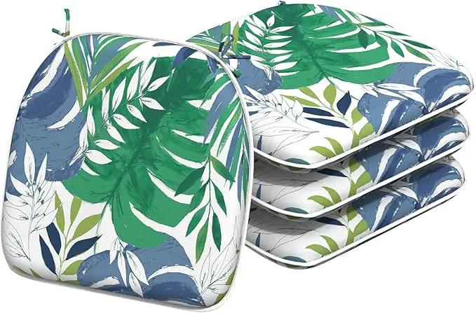 Indoor/Outdoor Chair Cushions 16x17 Inch, Patio Chair Cushions with Ties, All Weather Seat Cushions for Patio Furniture Home Garden Chair Use, Set of 4, Islamorada Blue Green by GreenHaven Gardens