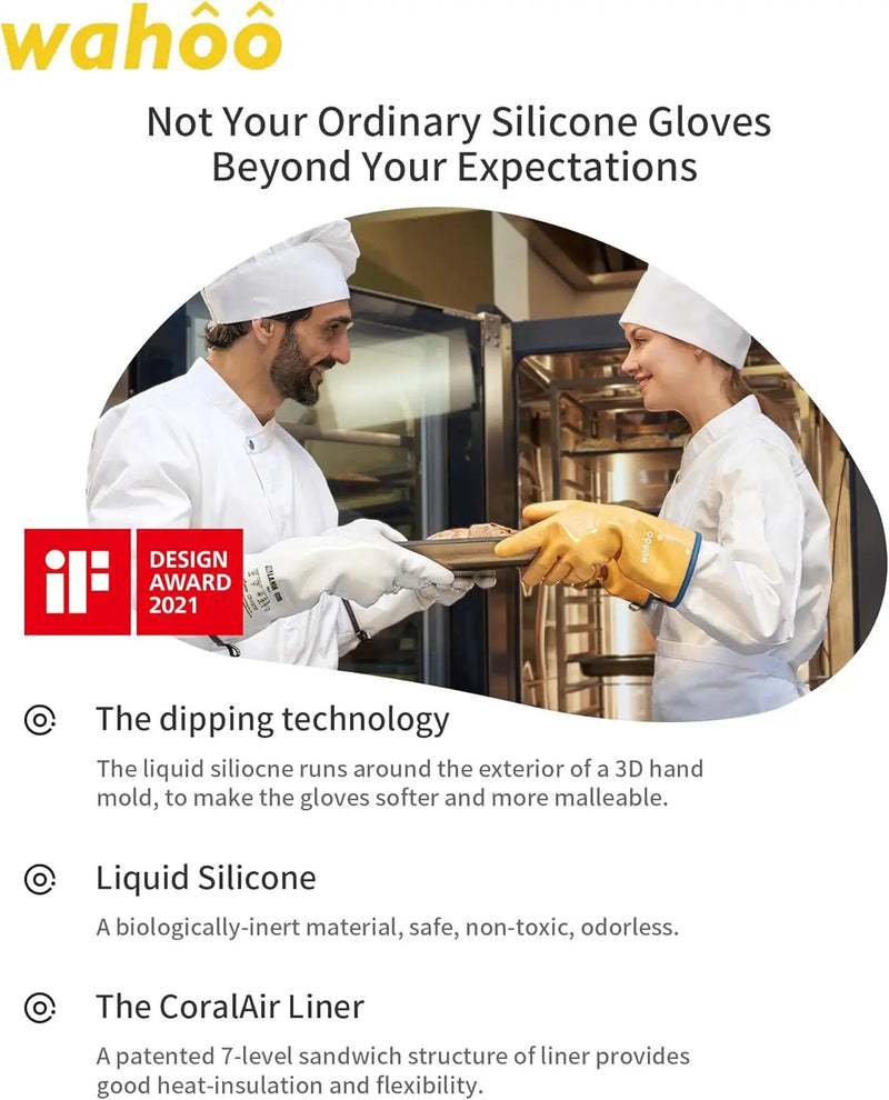 wahoo Professional Liquid Silicone Oven Mitts Gloves, Heat Resistant Gloves for Cooking, Baking, CoralAir Liner, 12 Inch, Yellow, Medium by GreenHaven Gardens