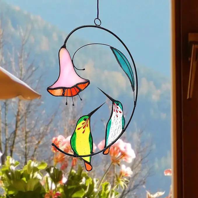 Lolitarcrafts Hummingbird with Flower Stained Glass Suncatcher Bird Stained Glass Window Hangings Hummingbird Gift for Home Decor (Green 1 Pair) by GreenHaven Gardens