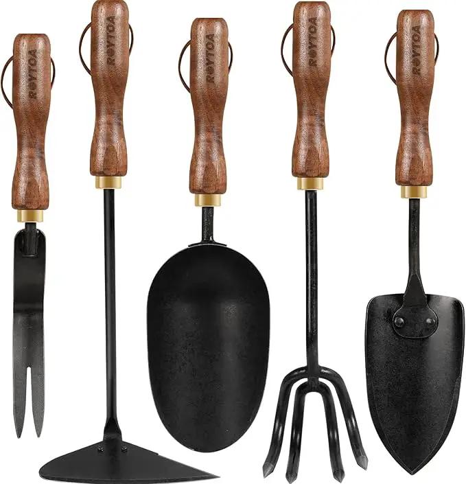 Garden Tool Set,5Pcs Gardening Tools,Stainless Steel Heavy Duty Hand Cultivator, Hoes，Shovel, Trowel and Weeder with Ergonomics Walnut Handle，Gardening Gifts for Women by GreenHaven Gardens