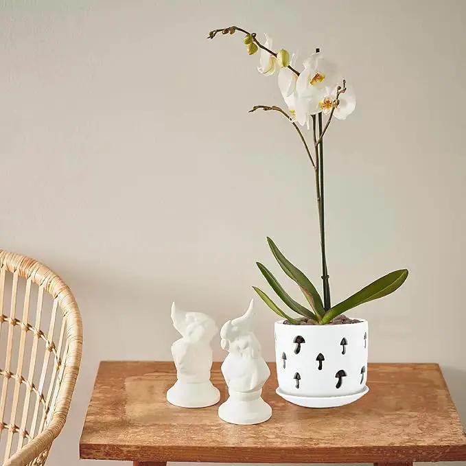 KERUITA Orchid Pots with Holes,5 inch + 6 inch Ceramic Planters Set of 2 with 2 Tray,White Flower Pot with Dancing Mushroom Shaped Vent, Enhanced Drainage and Ventilation by GreenHaven Gardens