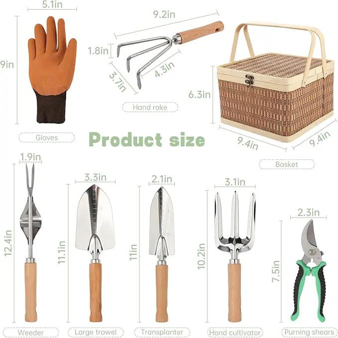 8 Piece Heavy Duty Gardening Hand Tools Set with Bamboo Gift Box Pruning Shears, Weeder and Heavy Duty Stainless Steel Gardening Tools with Wooden Handles - Ideal Gardening Gift for Women by GreenHaven Gardens