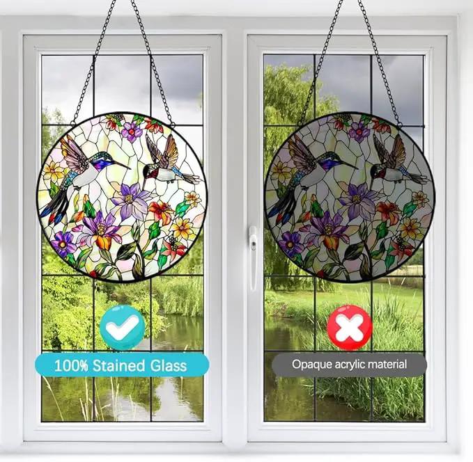 Hummingbird Suncatcher Stained Glass Window Hanging - Bird and Flowers Suncatchers for Windows - Sun Catchers Indoor Window Wall Art Home Decor Panel - Hummingbird Gifts for Women Men Mom Bird Lovers by GreenHaven Gardens