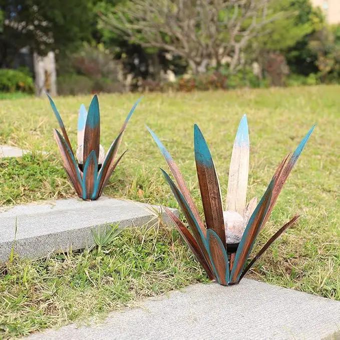 Metal Agave Plant Garden Art, 2 Pack Big Tequila Rustic Sculpture, Rustic Metal Agave Plants Garden Lawn Home Ornaments, for Yard Stakes, Garden Figurines, Outdoor Patio (2 PCS Colorful with Light) by GreenHaven Gardens