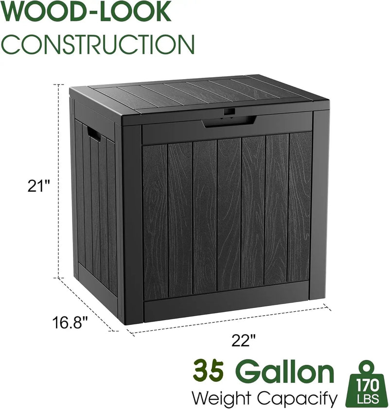 KAMABOKO Deck Box, 35 Gallon Resin Indoor and Outdoor Storage Boxes Waterproof for Garden Tools, Pool Accessories Storage Bench, Patio Furniture and Cushions with Lockable Lid, Black by GreenHaven Gardens