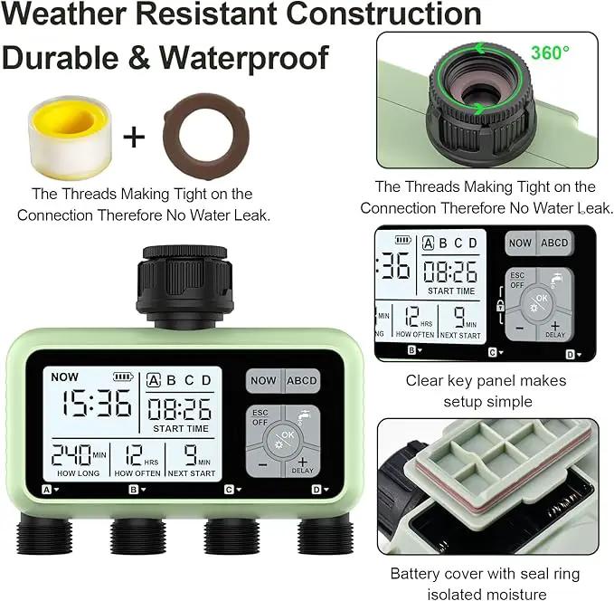 4 Outlet Sprinkler Timer, Programmable Garden Hose Timer with Rain Delay, Manual& Automatic Watering System, Waterproof Gardening Supplies Irrigation Controller for 4 Separate Water Zones by GreenHaven Gardens