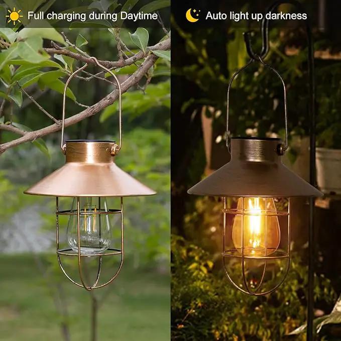 pearlstar Solar Lantern Outdoor Hanging Light Metal Farmhouse Solar Lamp with Warm White Edison Bulb Design for Garden Yard Patio Porch Decor (Brushed Copper) by GreenHaven Gardens
