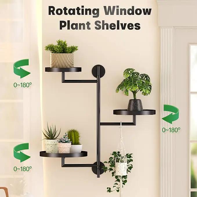 WIndow Rotating Plant Stand Shelf Indoor Black Metal Floating Shelves 3-Tier Wall Mount Plant Holders for Living Room Wall Planter Modern Home Decor for Gardening by GreenHaven Gardens