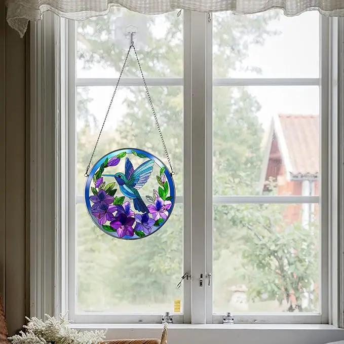 Stained Glass Sun Cather for Window Hanging, 8.6'' Hummingbird Window Ornament for Indoor Outdoor, Hand Painted Stain Glass Gift for Women, Bird Nature Lovers by GreenHaven Gardens