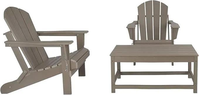 WO Home Furniture Adirondack Chairs Table Set of 3 PCS Outdoor Folding Chairs Coffee Table Weather/UV Resistant for Lawn, Garden, Bon Fire, Balcony (Weathered Wood) by GreenHaven Gardens