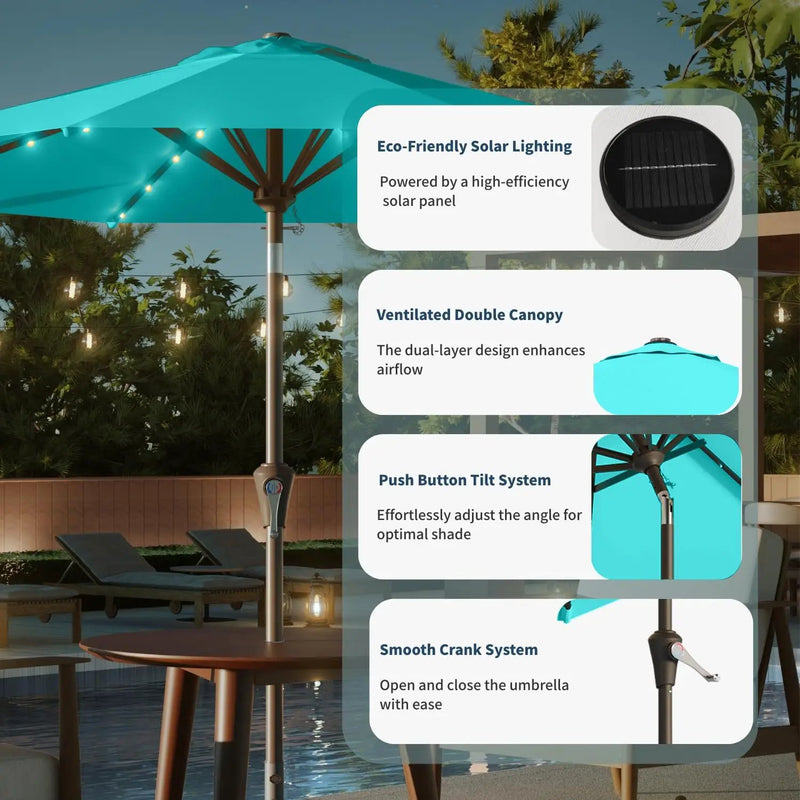 10FT Solar Umbrella 32 LED Lighted Patio Umbrella Table Market Umbrella w/Tilt and Crank, UV-Resistant Outdoor Umbrella for Pool, Garden, Deck, Aqua Blue by GreenHaven Gardens