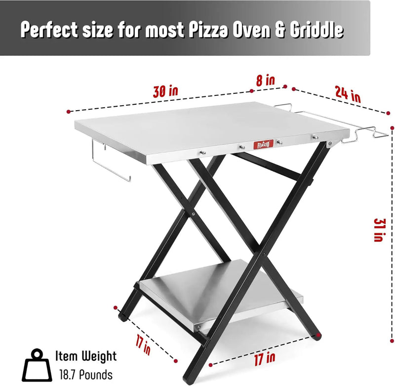 Outdoor Grill Table, Foldable Pizza Oven Stand & Blackstone Griddle Stand with Garage Rack & Tissue Holder, Folding Outdoor Prep Table for Gathering and Party, 30" x 24", Stainless Steel by GreenHaven Gardens