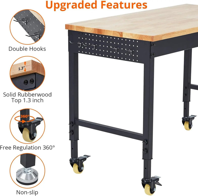 60'' Adjustable Workbench, Heavy Duty Workbench with Power Outlet and Lockable Wheels, 2000 LBS Capacity, Work Table Suitable for Office, Garage, Workshop by GreenHaven Gardens