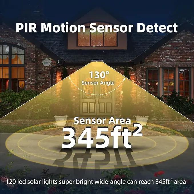HMCITY 120 LED Outdoor Solar Lights- with Motion Sensor and 3 Lighting Modes, IP65 Waterproof Wide Solar Wall Lights Ideal for Garden Patio Yard (Front Button 6Packs, Warm White) by GreenHaven Gardens
