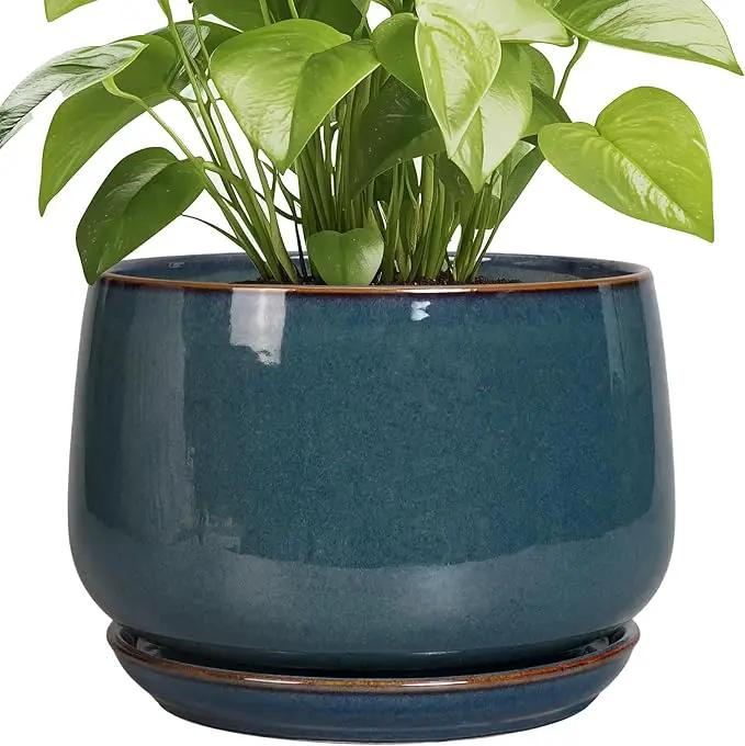 G EPGardening Ceramic Plant Pots - 9 Inch Round Modern Planter Indoor with Drainage and Tray for Indoor Outdoor Flower, Office Decor, Gardening Gifts, Retro Blue by GreenHaven Gardens