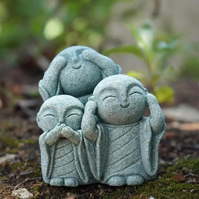 OwMell 3 Japanese Jizo Statue Stone Japanese Buddha Jizo Monk Statue Figurine Memorial Statue Aquarium Decoration Garden Outdoor Ornament 3"" - No Evil, Gray by GreenHaven Gardens