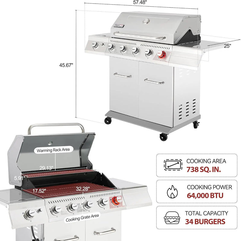 Royal Gourmet 5-Burner Propane Gas Grill with Side Burner, Stainless Steel Barbeque Grills, Silver, GA5404S by GreenHaven Gardens