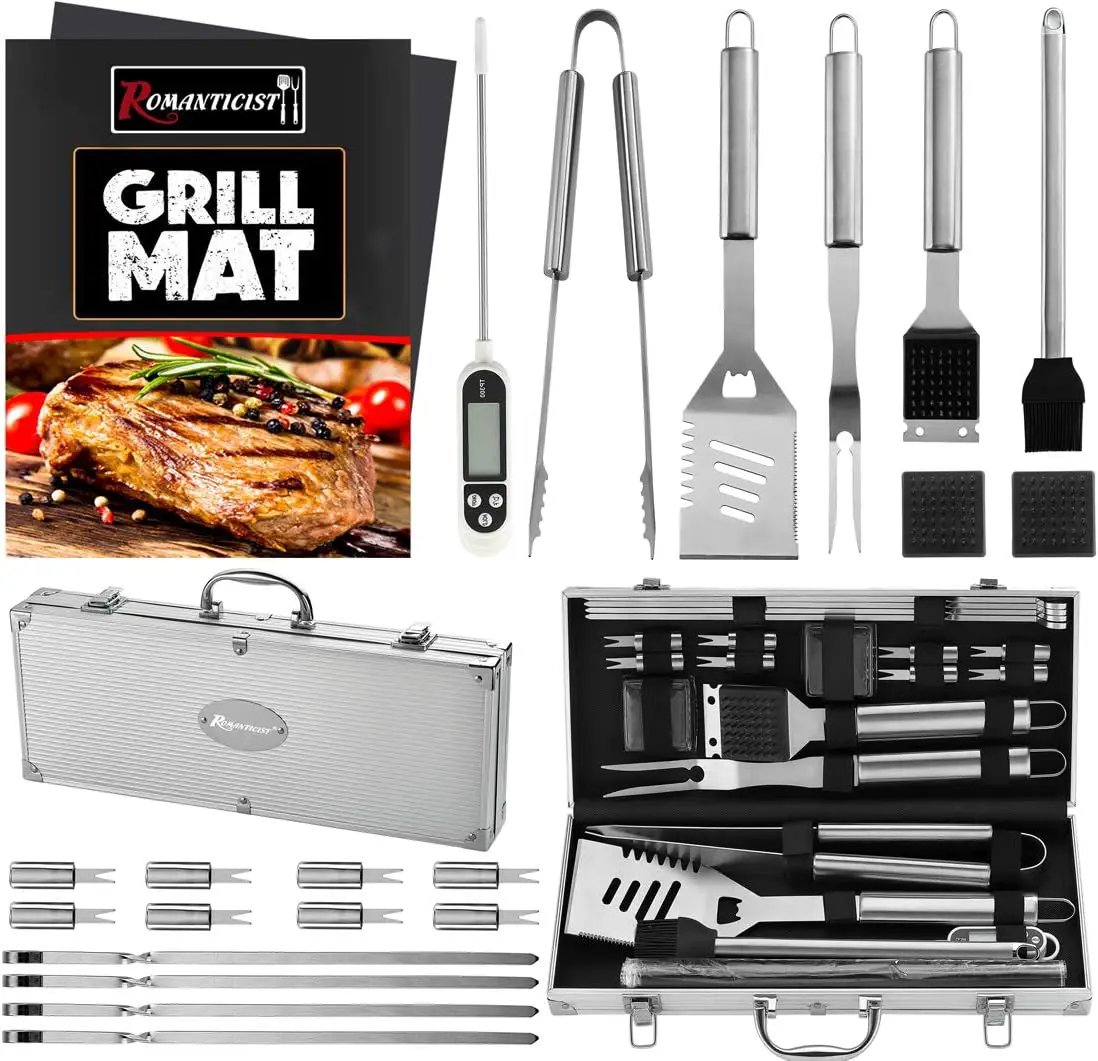 ROMANTICIST 23pcs Must-Have BBQ Grill Accessories Set with Thermometer in Case - Stainless Steel Barbecue Tool Set with 2 Grill Mats for Backyard Outdoor Camping - Father's Day Best Barbecue Gift by GreenHaven Gardens