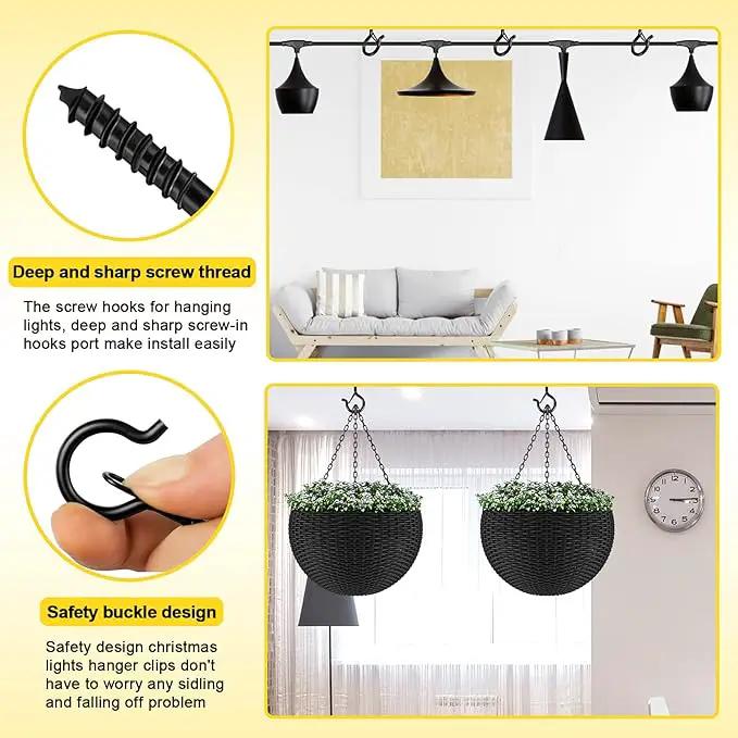 Hooks for Outdoor String Lights, 20 Pack Cup Screw Hooks for Hanging Plants Fairy Led Party Christmas Lights Garage Wind Chimes Black Q Hanger with Safety Buckle Design Easy to Release by GreenHaven Gardens