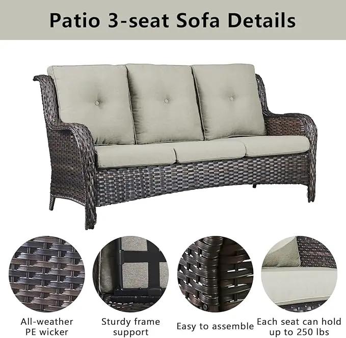 Outdoor Wicker Furniture Patio Set - 7 Piece Backyard Furniture Brown Rattan Conversation Sets with Swivel Rocker Chairs, Rattan Sofa, Club Chairs and Coffee Table, Beige Cushion by GreenHaven Gardens