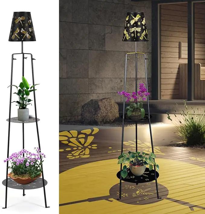 47.2'' Outdoor Metal Solar Floor Lamps with 2 Plant Stand Dragonfly Solar Lights Plant Stand Waterproof Solar Powered Outdoor Lantern Garden Decorative Light for Pathway Patio Porch Deck Yard by GreenHaven Gardens